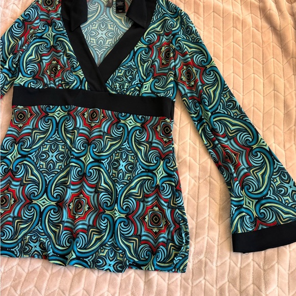 Vtg 70s Bisou Bisou Psychedelic Geometric Empire Waist Bell Sleeve Top Size L - Picture 4 of 15